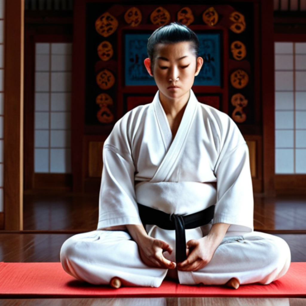 **

A Taekwondo practitioner meditating in a dojang, bathed in soft light, emphasizing inner peace and focus. Include Malaysian cultural elements in the dojang decor if possible.

**