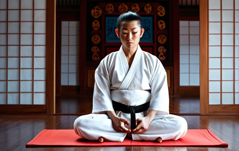 **
A Taekwondo practitioner meditating in a dojang, bathed in soft light, emphasizing inner peace and focus. Include Malaysian cultural elements in the dojang decor if possible.
**